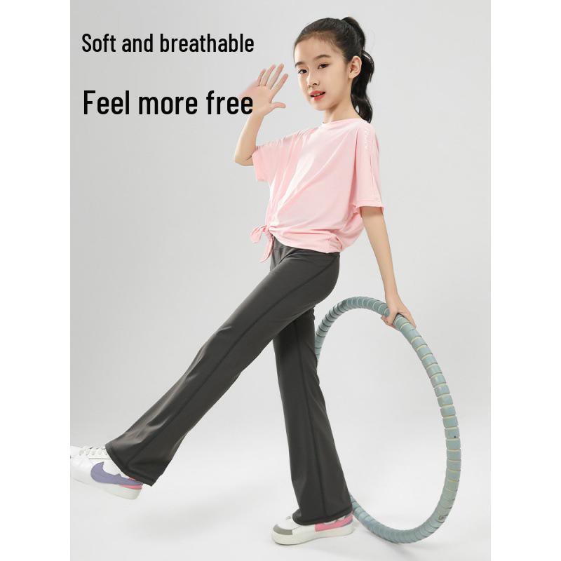 

Girls Ice Silk Yoga & Sports Set: Quick-Dry, Short-Sleeve Top with Flare Pants for Summer, Parent-Child Matching Option 160 cm