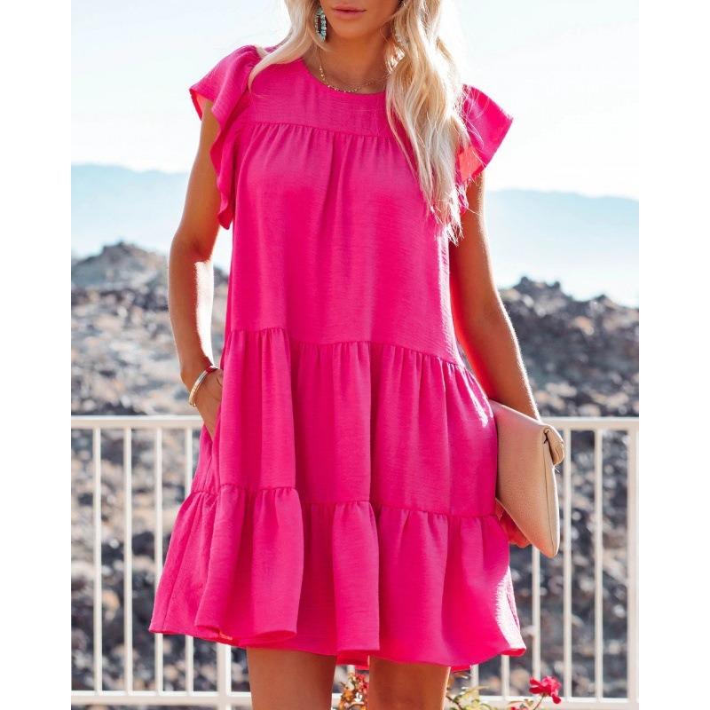 QICED Abiti casual con scollo a maniche corte con stampa tinta unita primavera estate moda donna
