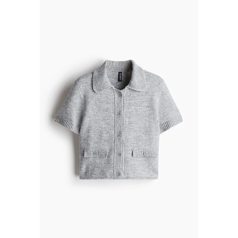 

Женская одежда HM Шерстяной трикотаж 2025 Осень Новое поступление Лацкан Однобортный Повседневный Элегантный Кардиган с коротким рукавом 1262823 Mixed Gray 165/96(M)