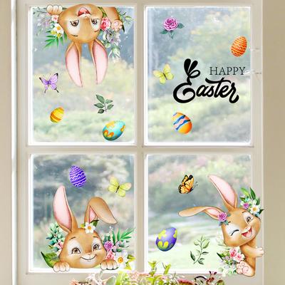 1Set Happy Easter Window Stickers Cartoon Rabbit Easter Eggs Flowers Butterfly Glass Sticker Spring Easter Home Decoration 2026