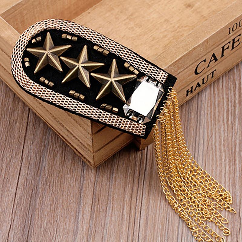 1Pcs Vintage Five Star Tassel Chain Shoulder Board Badges Beads Fabric Metal Epaulet Epaulette Military Pin On Brooch Medal