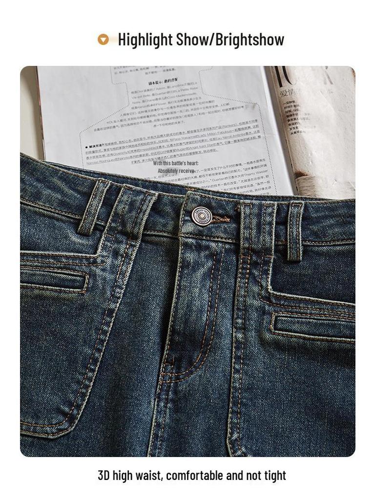 Women's Retro High-Waisted A-Line Denim Skirt - Mid-Length, Slit, Hip-Hugging for Petite Girls - Spring/Autumn Style