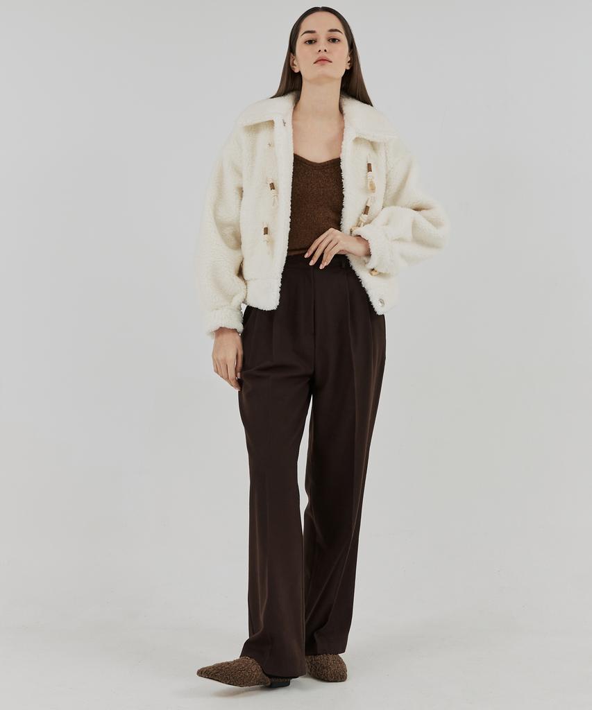 THEFRHT Double-Pleat Button Wide Wool Pants (Brown)