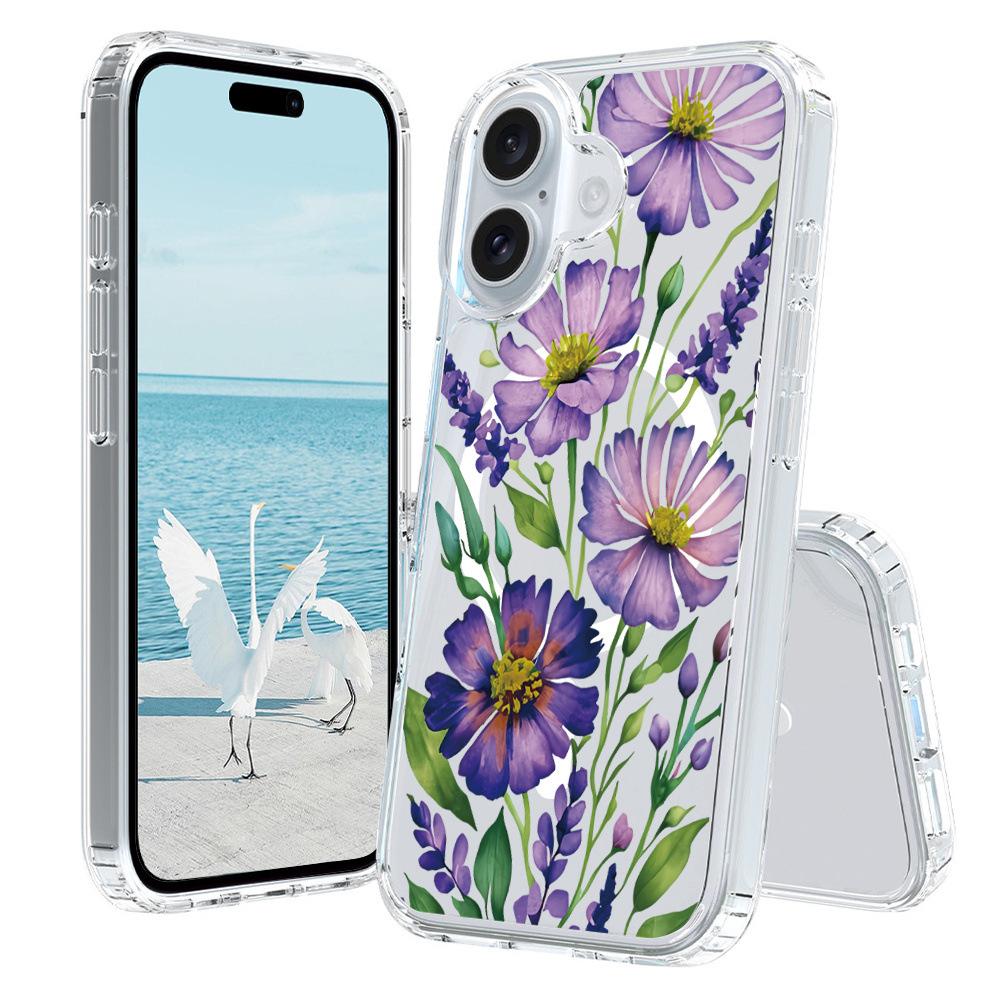 For iPhone 16 Plus Case Compatible with MagSafe Flower Pattern Printing TPU+PC Phone Cover