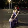 French Purple Floral Spaghetti Strap Dress - Women's Summer 2024 Waist-Hugging Long Tea Dress