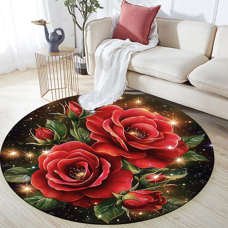 Red Roses Round Area Rug,Carpet Rug for Living Room Bedroom Sofa Playroom Decor,Non-slip Floor Mat