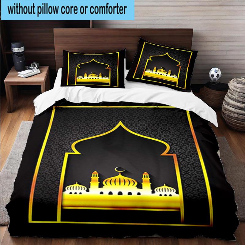 Golden Mosque Silhouette 3pcs Bedding,Including 1pc Duvet Cover And 2pcs Pillowcases Perfect for Christmas,Ideal for Bedroom, Dormitory