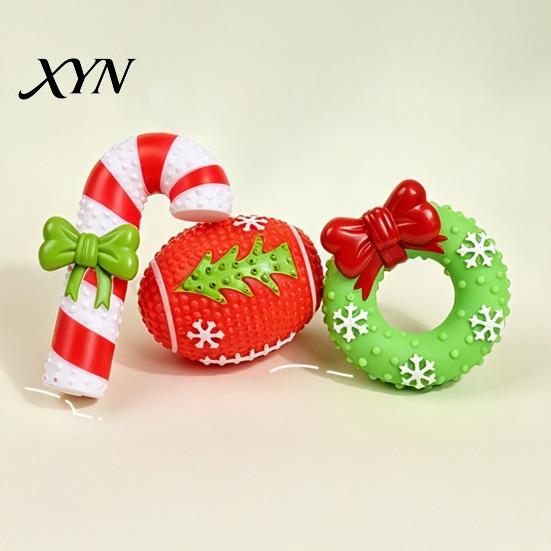Pet Training Play Supplies Christmas Dog Squeaky Chew Toys, Teeth Cleaning Interactive Holiday Themed Durable Toys for Aggressive Chewers Balls