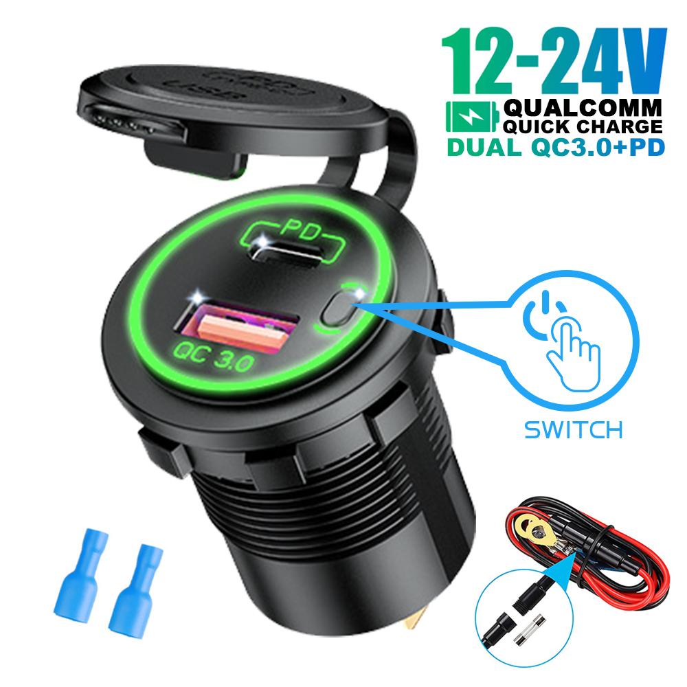 60W Quick Charge Car Charger QC3.0 USB+PD Type C Port Cigarette Lighter Socket Voltmeter Auto Power Adapter for 12V/24V Vehicle