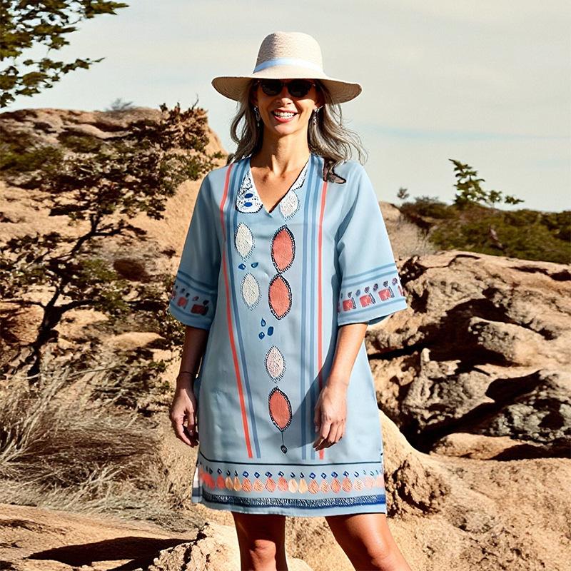 Europe, America, South East Asia Hot Sale Large Size Women s Printed Casual Holiday Dress Loose Bohemian Medium Dress S