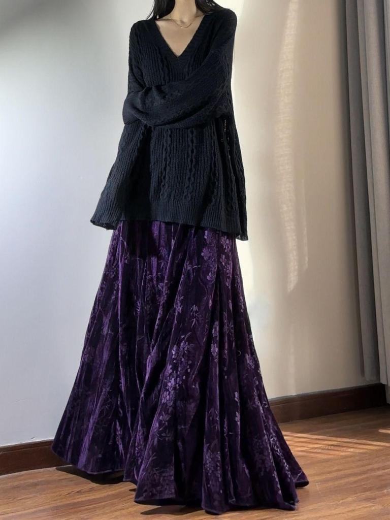 Velvet High Waist Fishtail Skirt - Chinese Style, Long Flare, Autumn/Winter Collection for Women