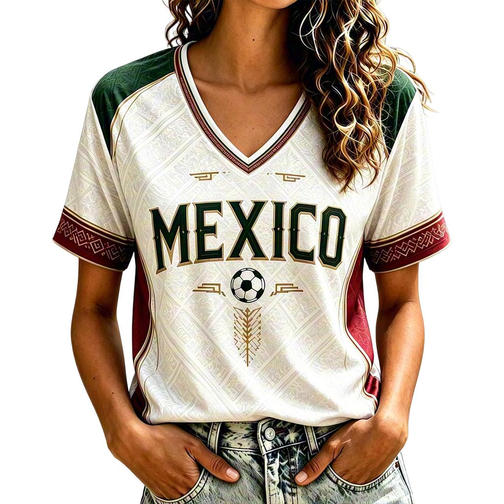 Women's V-Neck Short Sleeve T-Shirt with Mexico Inspired Graphic Print for Casual Daily Wear