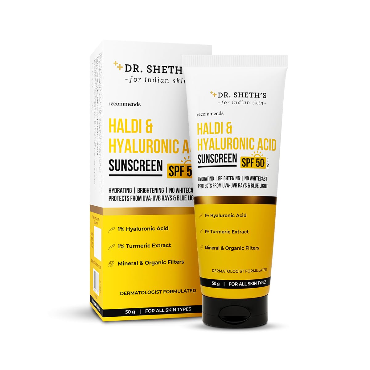 Dr. Sheth s Haldi & Hyaluronic Acid Sunscreen with 1% Hyaluronic Acid | Spf 50+ Pa+++ | Protects Against UVA/B & Blue Light | Hydrating & Brighteni