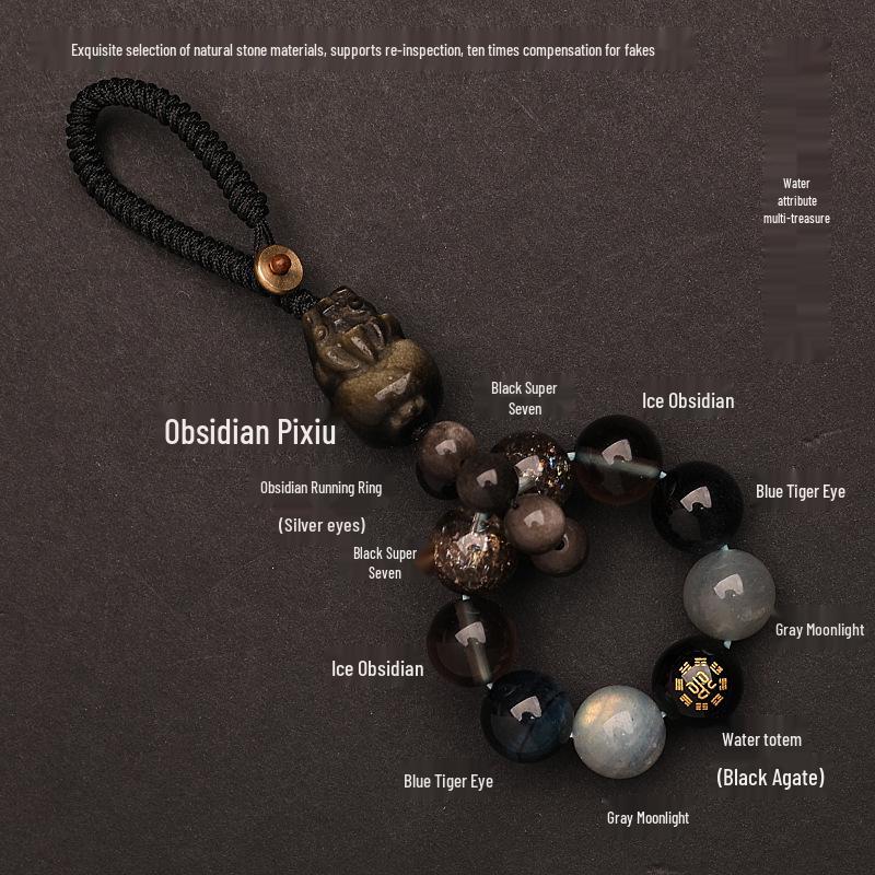 Zhenqiao Five Elements Pixiu Keychain: Wood, Fire, Earth, Metal, Water Crystal Pendant.