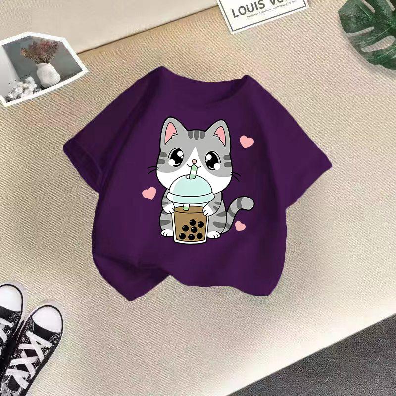Children's Casual Short-sleeved T-shirt - Summer Girls' And Boys' Fashionable And Cute Cat T-shirt