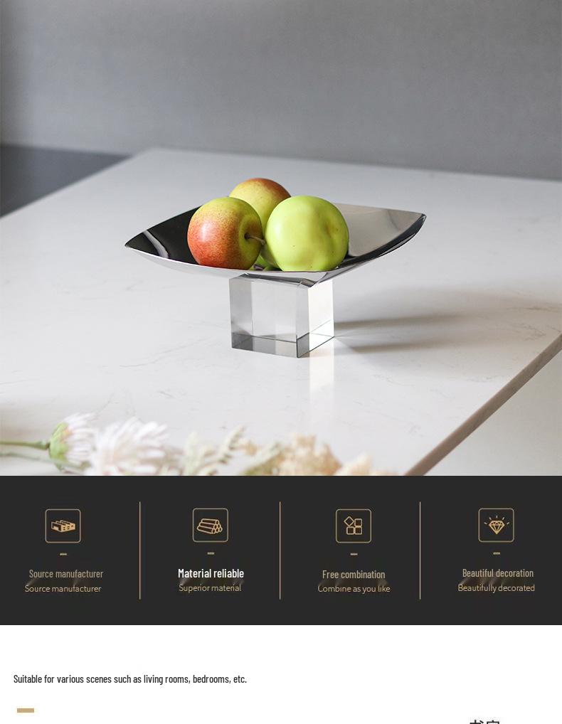 Minimalist Metal Square Fruit Bowl with Crystal Base for Dining or Coffee Tables