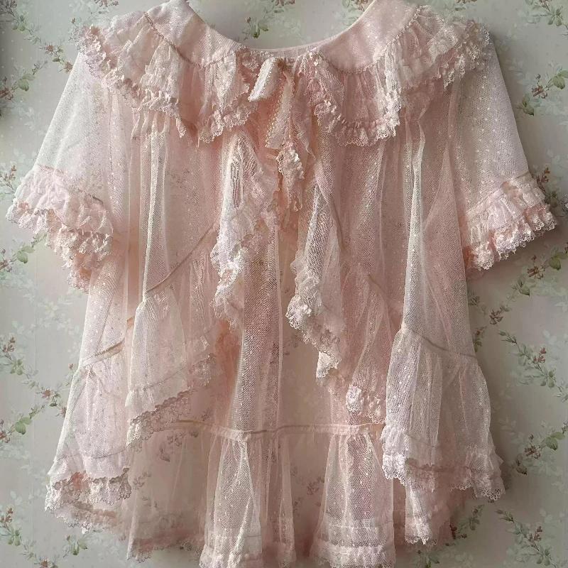 Sommer Japanisch Elegant Vintage Lolita Bluse Damen Gothic Retro Rüschen Hasenohr Kurzes Hemd Kawaii Süß Chiffon Dünne Oberteile