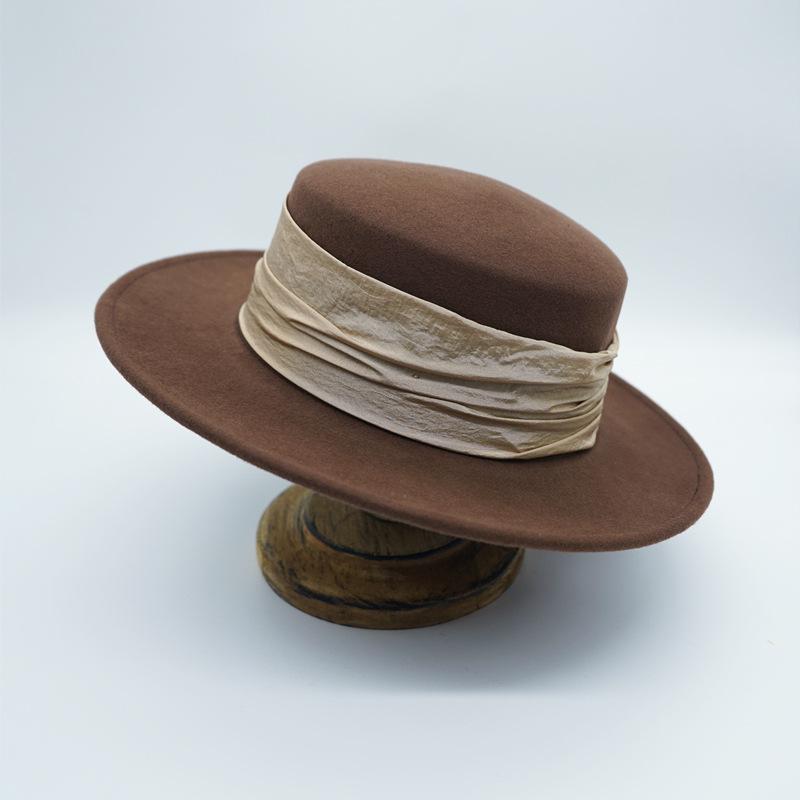 Cappello a tesa piatta vintage color caramello, stile francese, per donna, autunno e inverno, in feltro di lana, elegante stile britannico, cappello Panama a tesa piatta