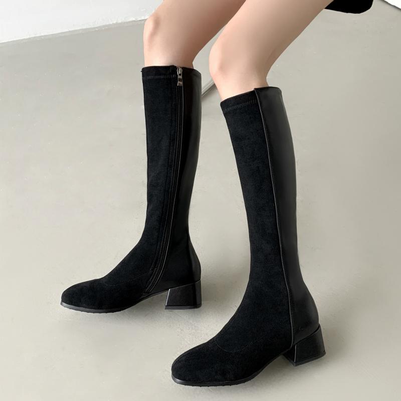 Women's Winter High Boots Quality Suede Knee High Boot Flock Casual Low Heel Autumn Winter Long Shoes Woman Black Large Size 43