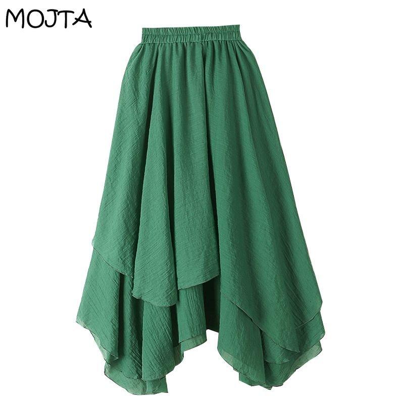 MOJTA Jupe mi-longue printemps été femme taille élastique jupe taille haute jupe trapèze