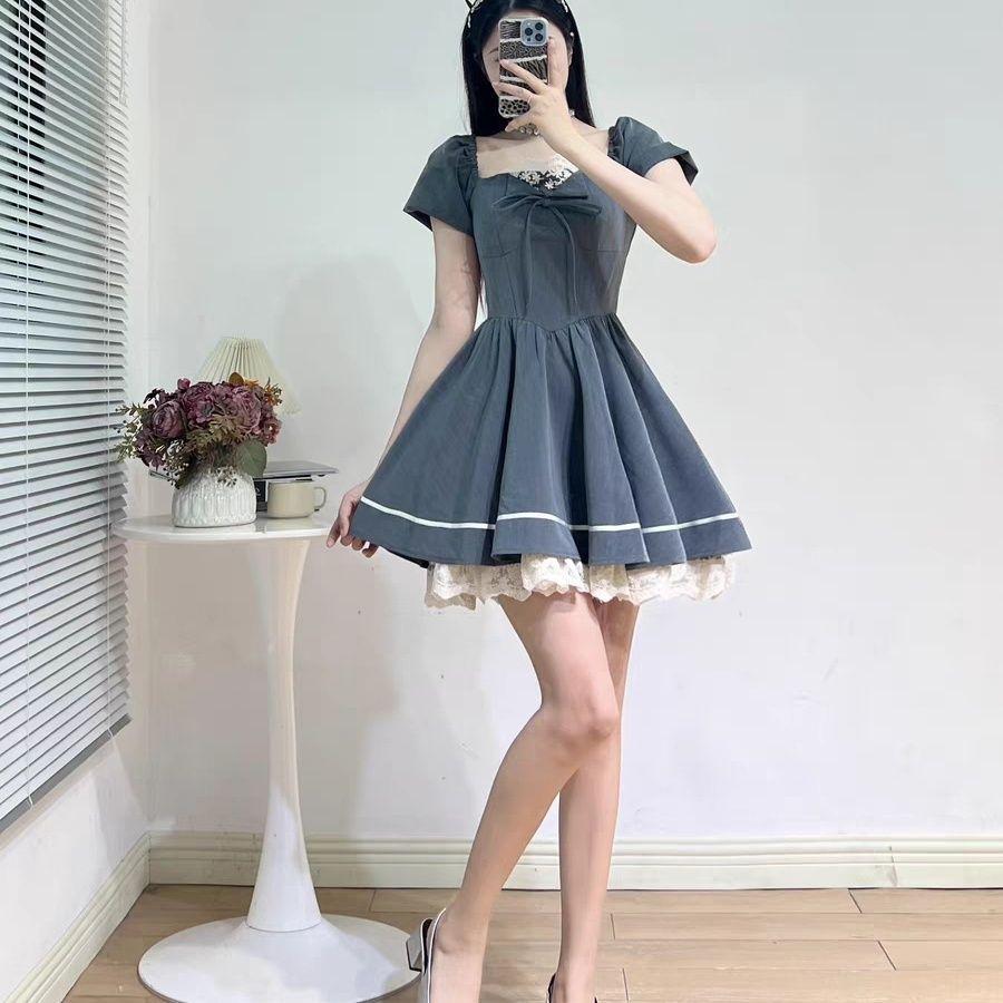 Retro Lace-Trim Petite Dress: Waist-Cinching, Academic Style, Short-Sleeved Summer Skirt Small