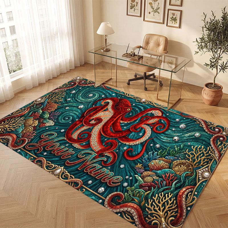 Octopus Sea Life Theme Crystal Velvet Floor Rug Personalized Custom Name Text Warm Carpet Home Decoration