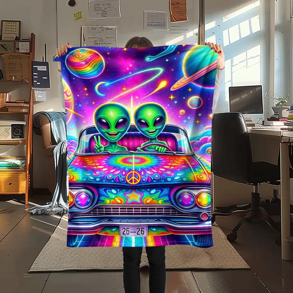 1 szt. Koc flanelowy z nadrukiem UFO i kosmitów, Wysokiej jakości, Wygodny na wszystkie pory roku, Wystrój domu, Ciepło i komfort, Idealny na prezenty