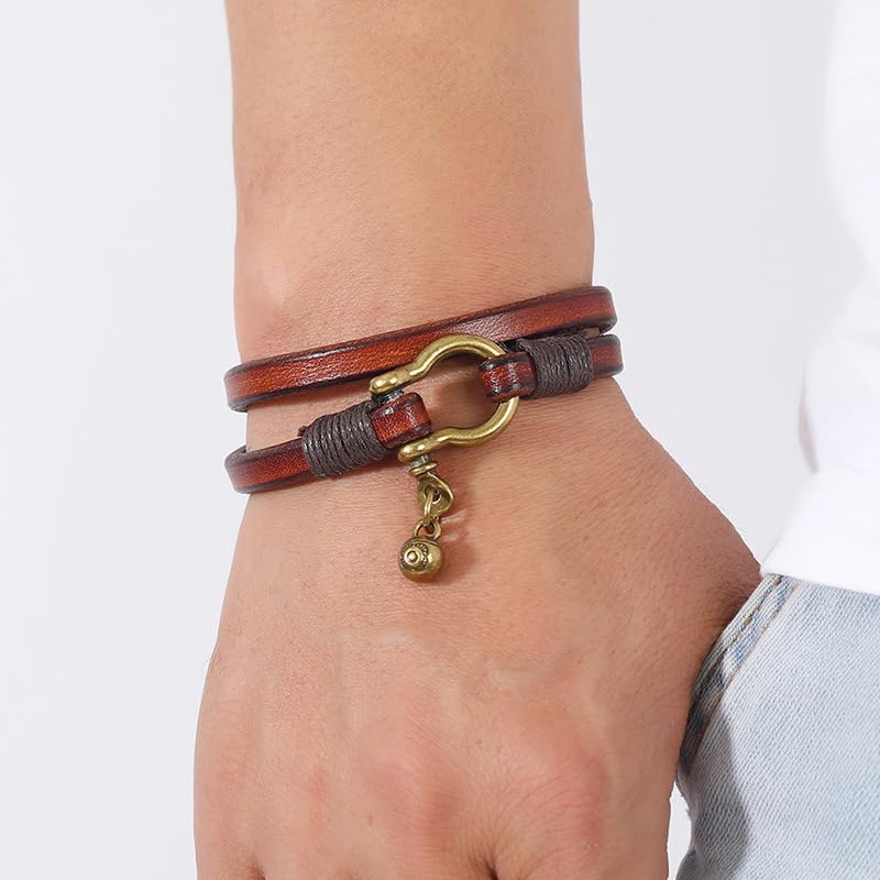 Rockyu Leather Horseshoe Vintage Wrist Birthday Gift Men's Bracelet, Double-Row, Simple, Buckle, Style, Handmade, Stylish, Gift, Accessory, (Brown)