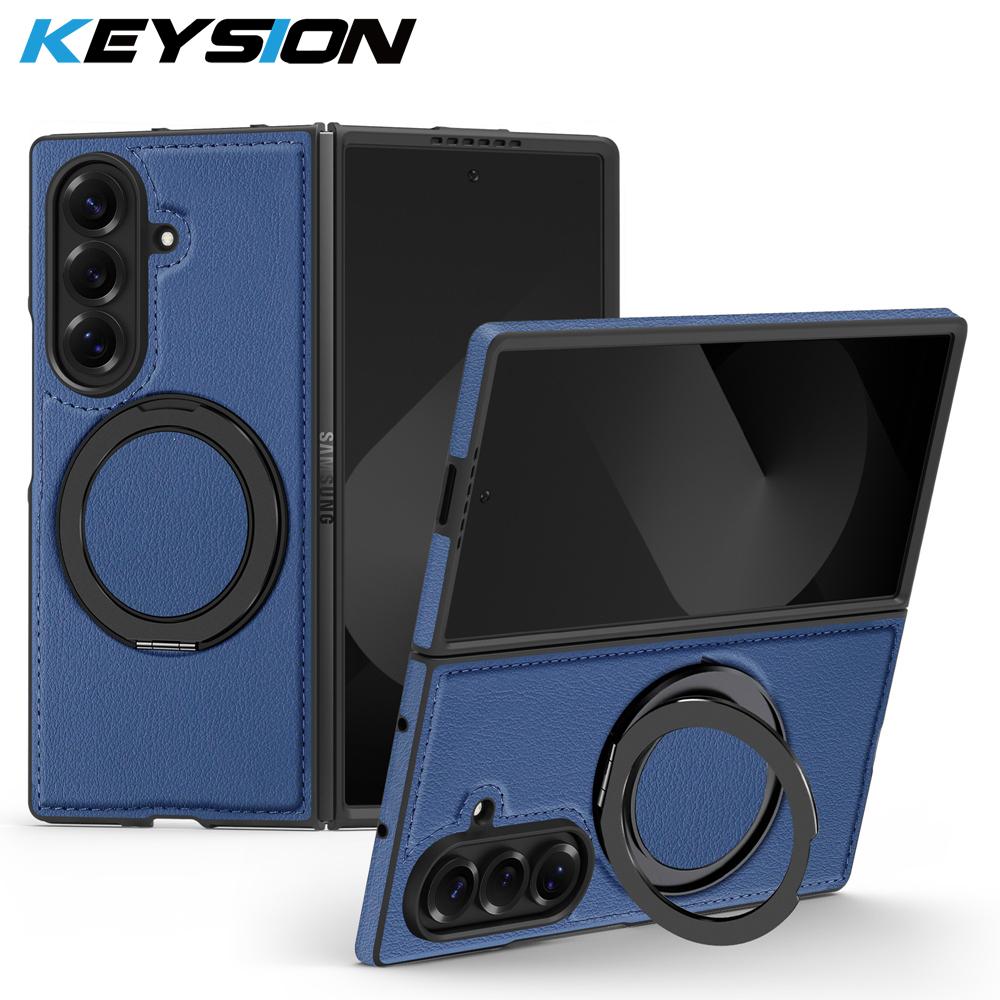 KEYSION 360° Rotating Magnetic Ring Stand PU Leather Case for MagSafe for Samsung Z Fold 7 5G Wireless Charging Phone Back Cover