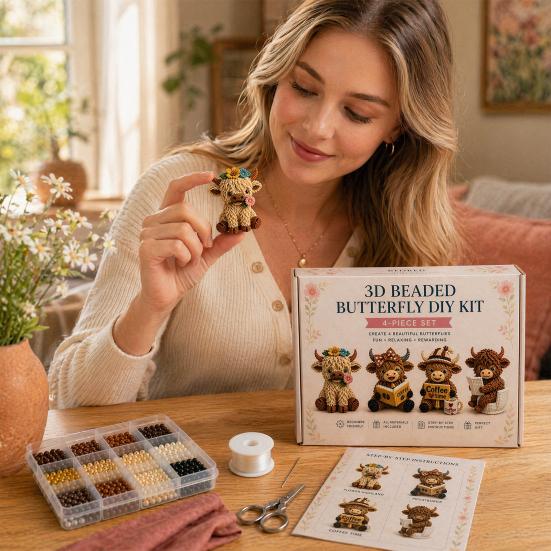 3D Perlen Highland Rind Bausatz für Erwachsene, Kleine 3D Perltiere, DIY Perlen-Set, Highland Rind Perlenstickerei Kits, 4 Niedliche Designs Rind Thema Perlenarbeiten