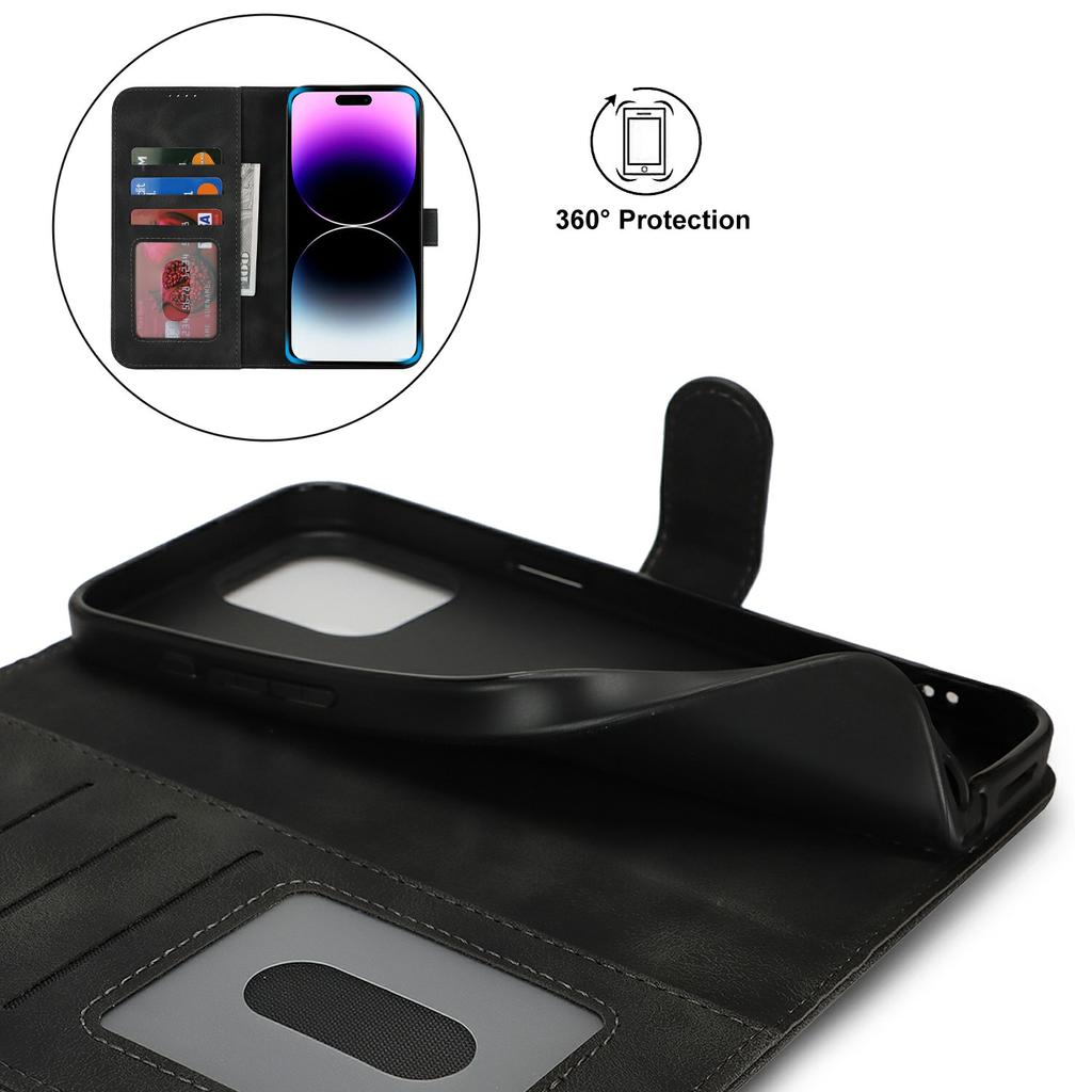 For iPhone 14 Pro Max Wallet Case Double Folded Edge Skin Touch PU Leather Flip Phone Cover