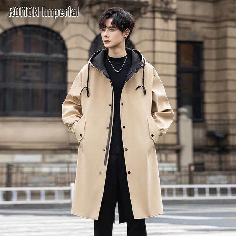 ROMON Men's Mid-Length Hooded Trench Coat