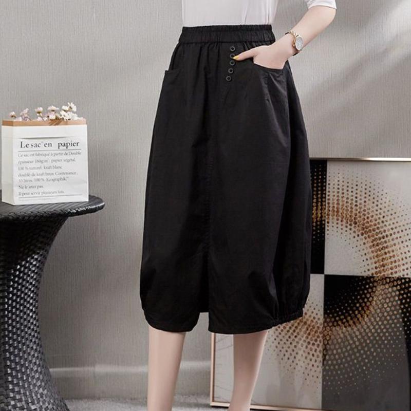 Women's High-Waist Slimming Bubble Hem Midi Skirt - Artsy Casual Vintage Style with Lantern Silhouette