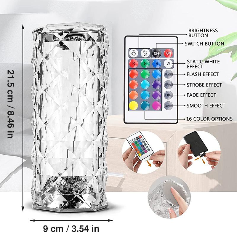 Lampada da tavolo in cristallo Lampada rosa con controllo touch, 3/16 colori che cambiano luce notturna RGB, lampada LED con alimentazione USB per camera da letto Soggiorno Decorazione cena per feste