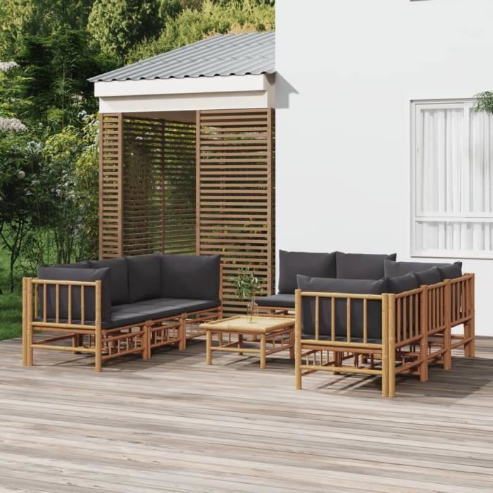 VidaXL Salon de jardin 9 pcs avec coussins gris foncé bambou 3155219