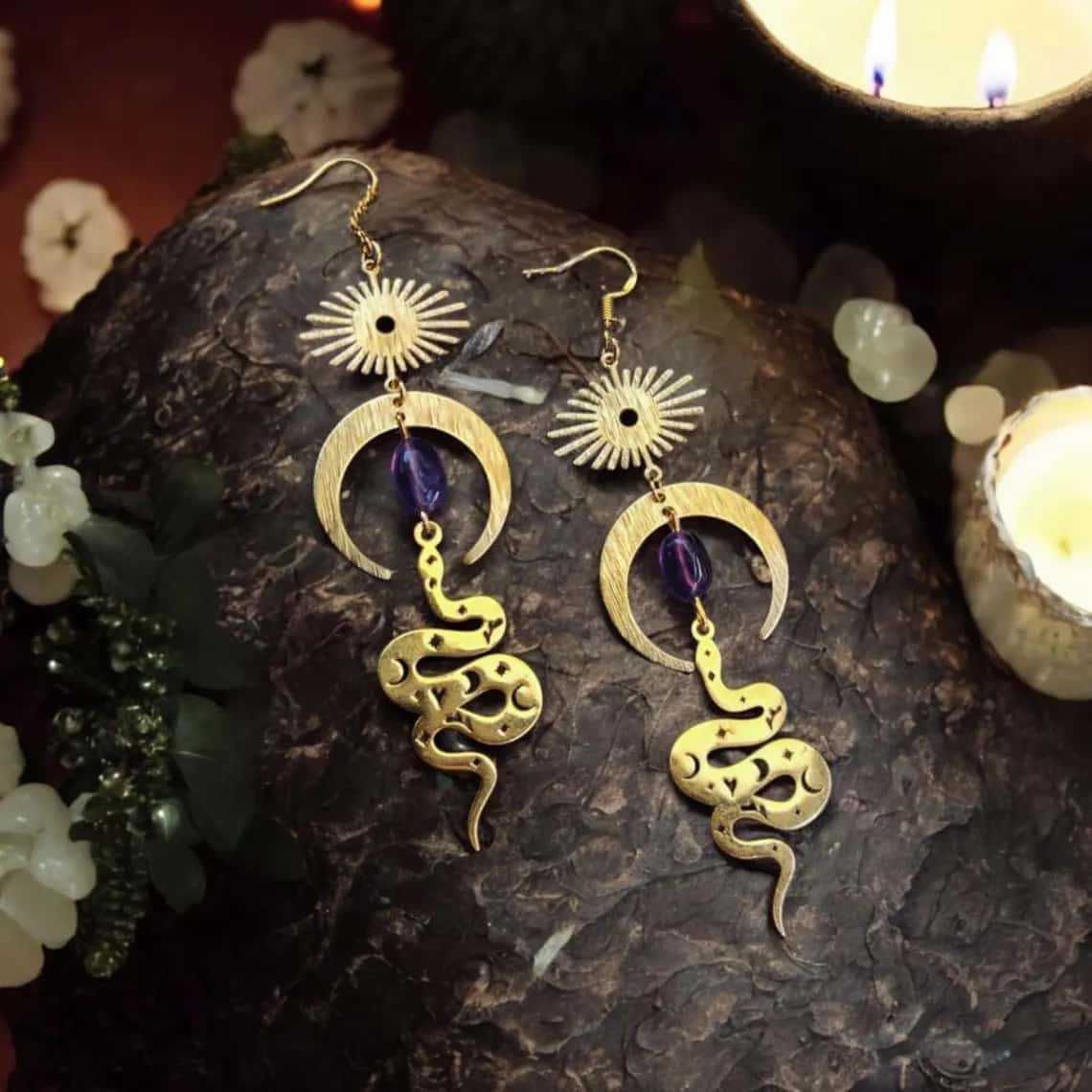 

Gothic Celestial Star Sun Amethyst Gemstone Snake Tassel Dangle Earrings for Women Halloween Party Wicca Stainless Steel Jewelry золотий
