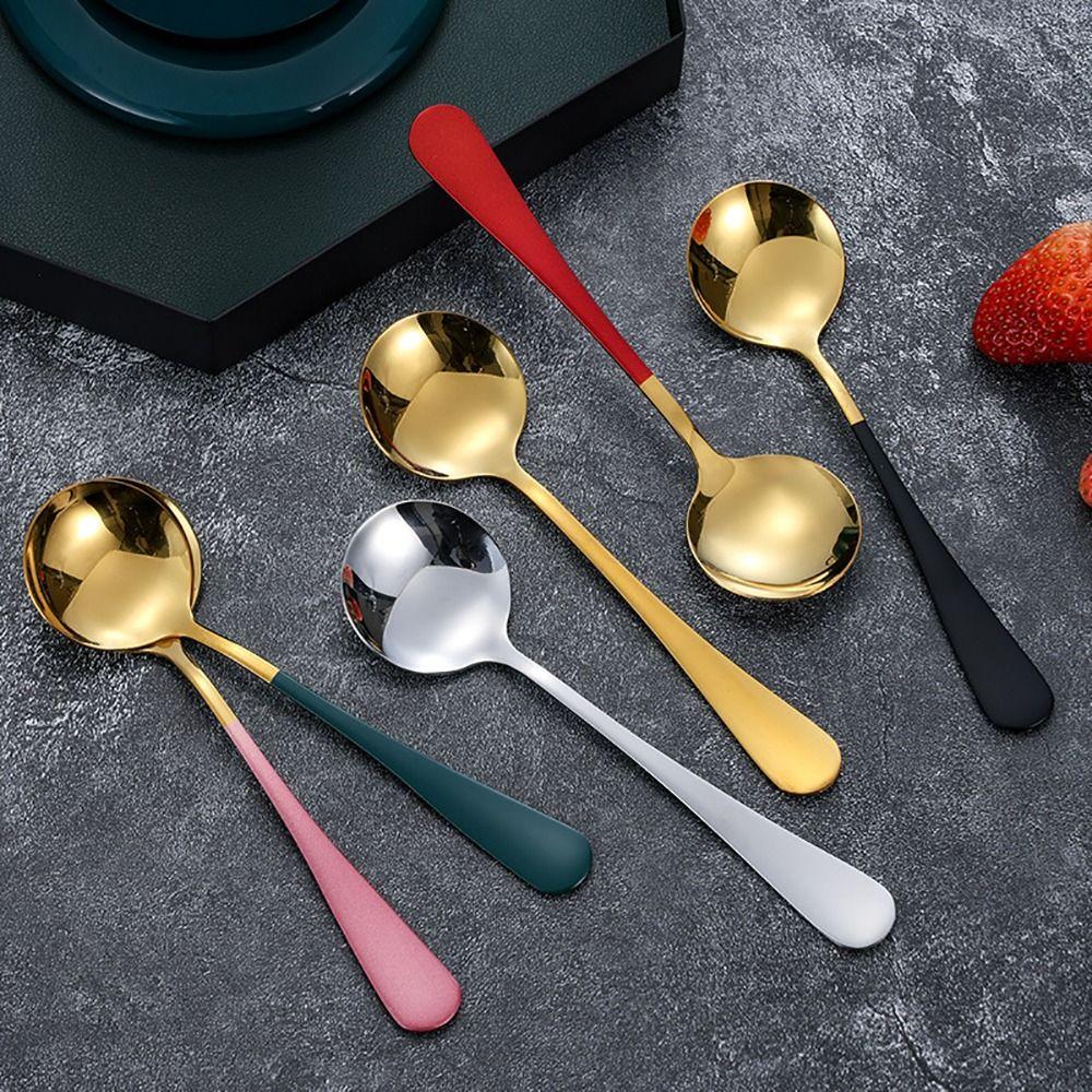 1Pcs Round Stainless Steel Soup Spoons 17cm Tableware Stirring Spoon Coffee Dishwasher Kitchen Tool for Dessert Coffee