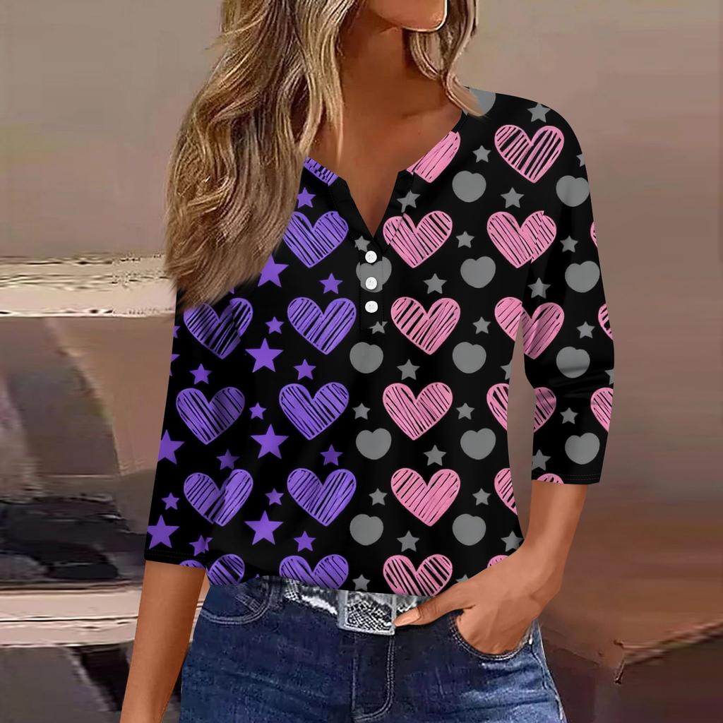 Women's Fashion Button-Up V-Neck Three-Quarter Sleeve Valentine's Day Print Top