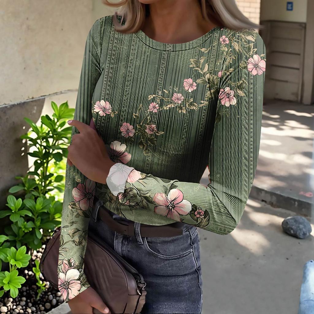 Women's  Slim Bottom T-shirt Fashion Casual Gradient Printing Round Neck Pullover Long Sleeve Top