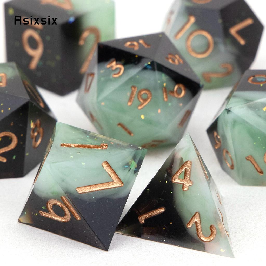 7 Pcs Black Green Golden Number Sharp Edge Resin Dice Polyhedral Dice Suitable for Role-Playing RPG    Board Game