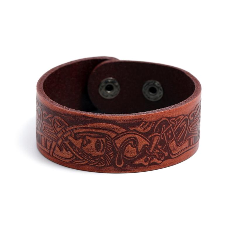 Embossed Pattern Cowhide Bracelet Adjustable Rock Punk Style Men Cuff Bracelets Wide Belt Vintage Wristband Jewelry