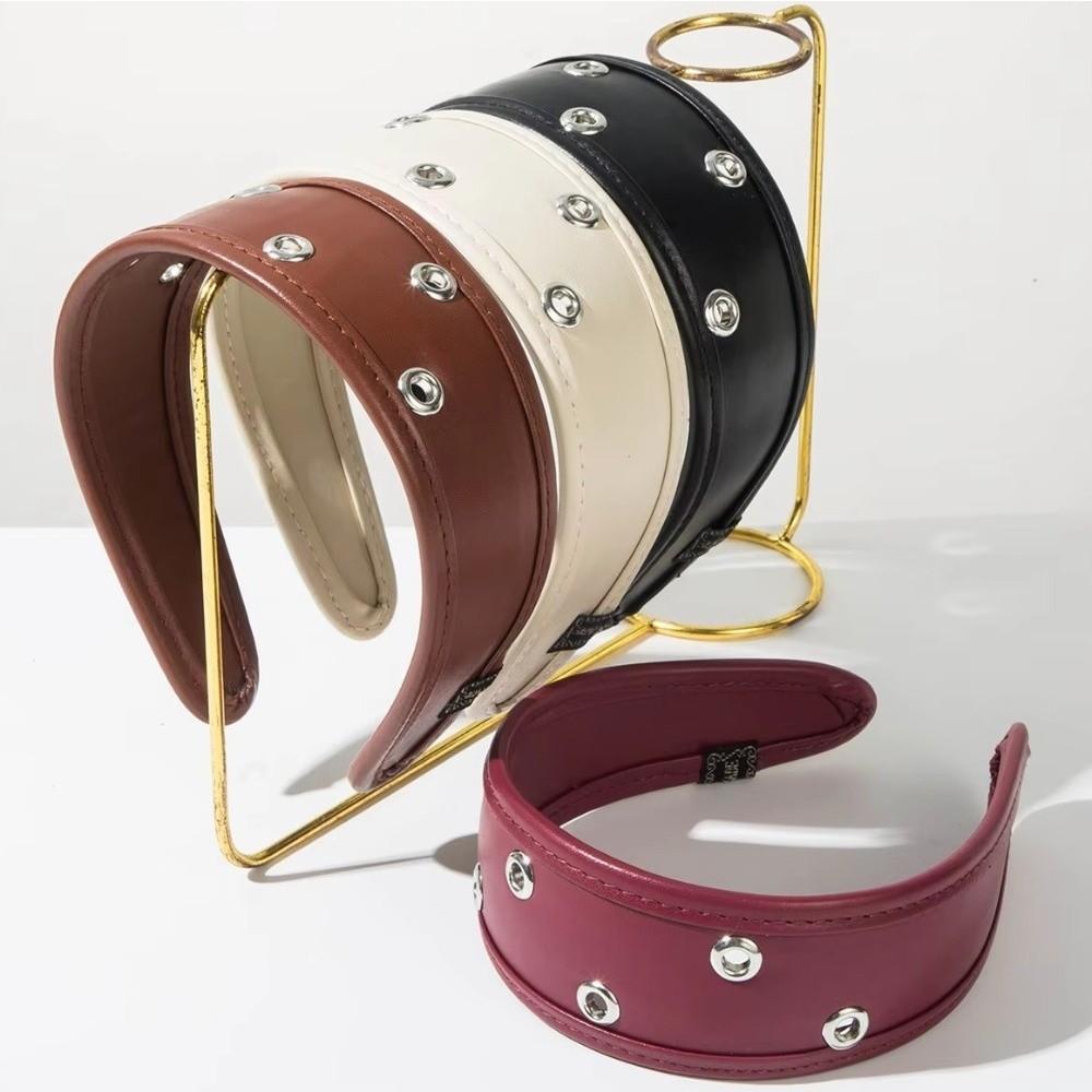 Punk Leather Headband Black and Red Hollow Ring Hair Hoop Ins Metal Rivets Headwear Festival