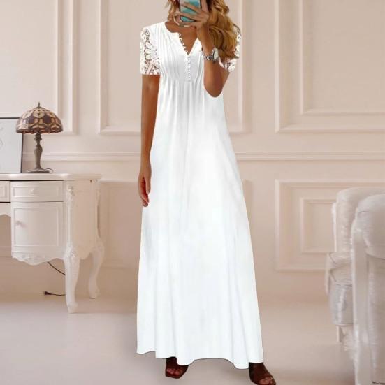 Damen-Sommerkleid, satte Farben, Blumendruck, V-Ausschnitt, Spitze, Patchwork, aushöhlen, kurze Ärmel, plissiert, Boho-Party, Maxikleid, Damenbekleidung
