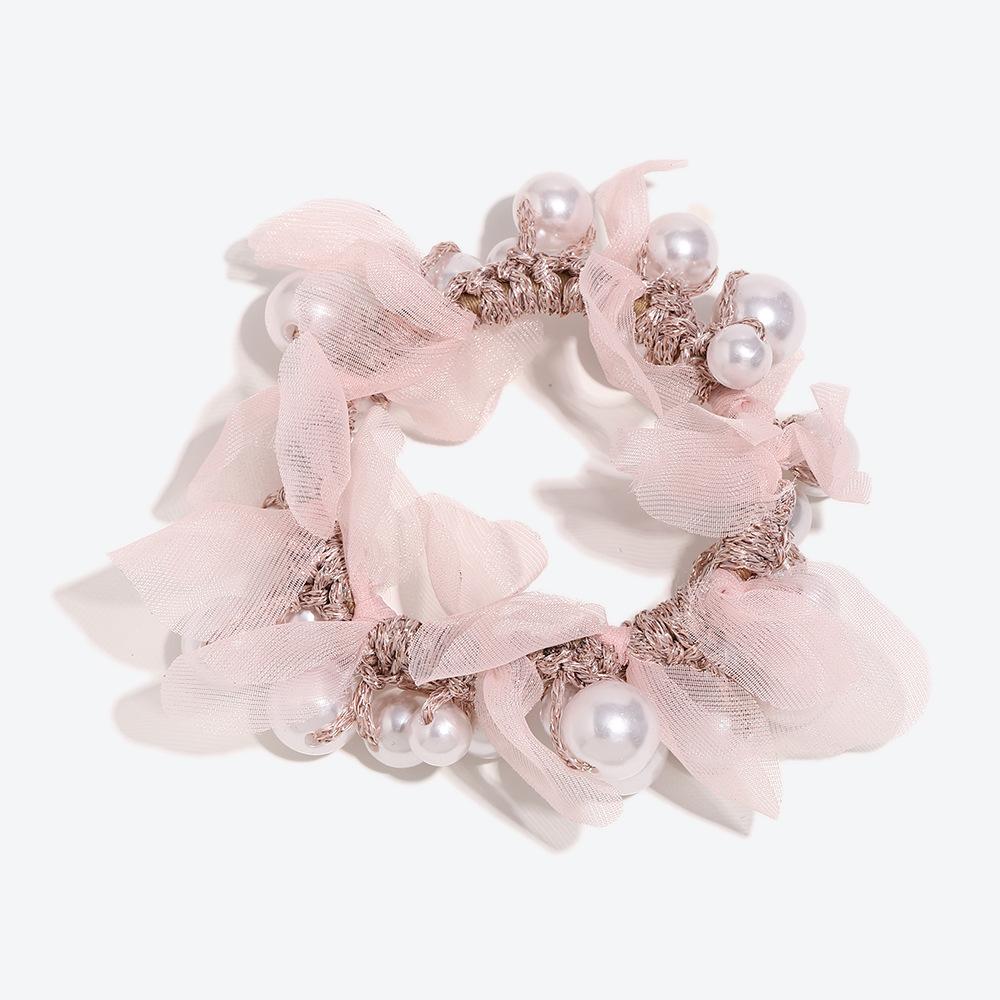 1pc Fashion Hair Accessory Colorful Fabric Pearl Hair Tie Elastic Bun Bow Hairband Ponytail Hair Ring