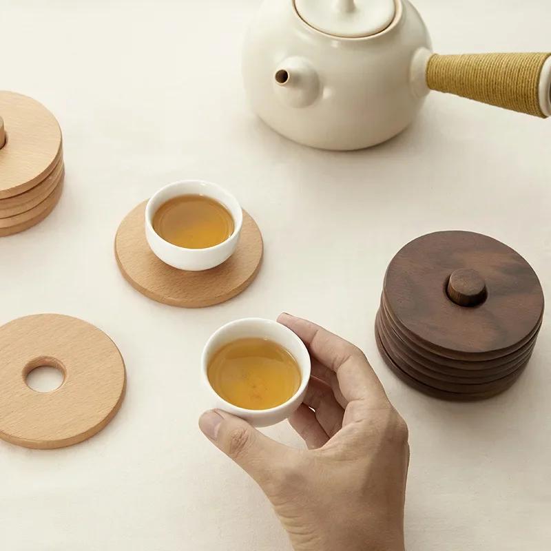 Japanese Walnut Wooden Coaster Set 6pcs/Lot Solid Wood Heat Insulation Pad Round Square Shaped Tea Coffee Coasters Table Decor