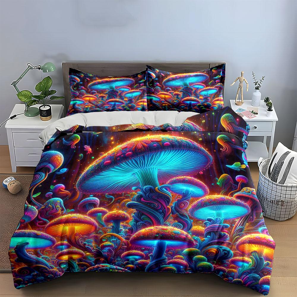 Glowing Psychedelic Mushroom Set Bedding Duvet Cover Set Duvet Cover Pillowcases (1 * Duvet Cover 2 * Pillowcases, without duvet insert)