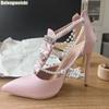Fashion 2025 Summer Sandal Pink Satin Hollow Women Sandals Boots Crystal Pearl Chain Bling Bling Thin Heel Fashion Shoes Back Zipper
