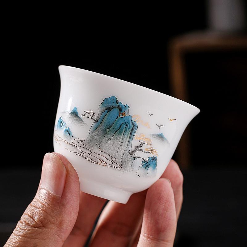 Hand-Painted Ceramic Landscape Teacup - Ice-Type Mutton Fat Jade Finish, Kung Fu Tea Set