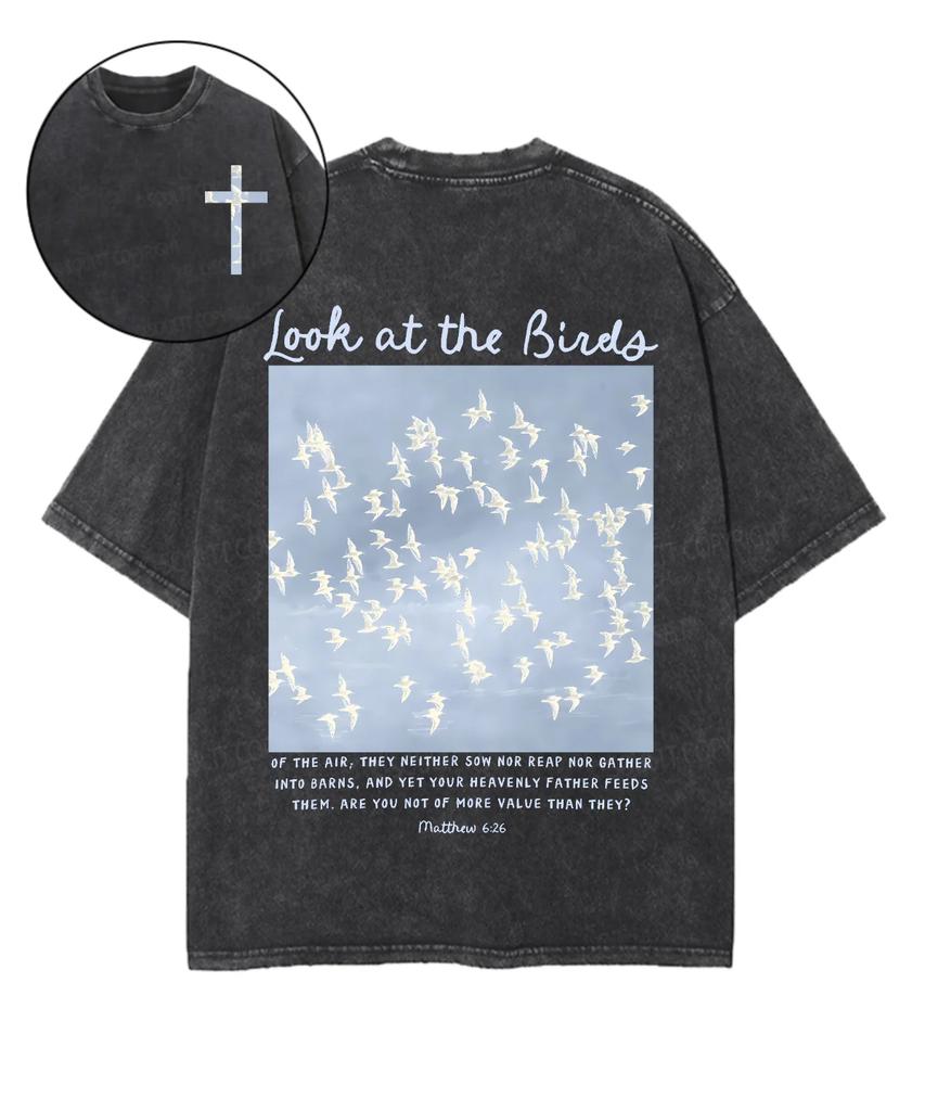 Look at the Birds Art T-shirt Men Women Clothing Summer Casual Short Sleeve Cotton Tshirt Gothic Washed Oversized Tees Tops