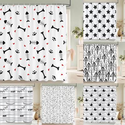 Black and White Simple Cartoon Shower Curtain Washable Polyester Bathroom Curtains Decor Bathtub Partition Curtain With Hooks